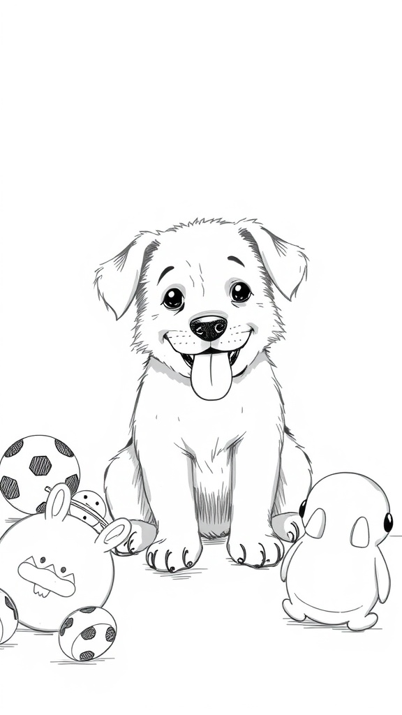 A cute puppy sitting with a big smile, surrounded by colorful toys.