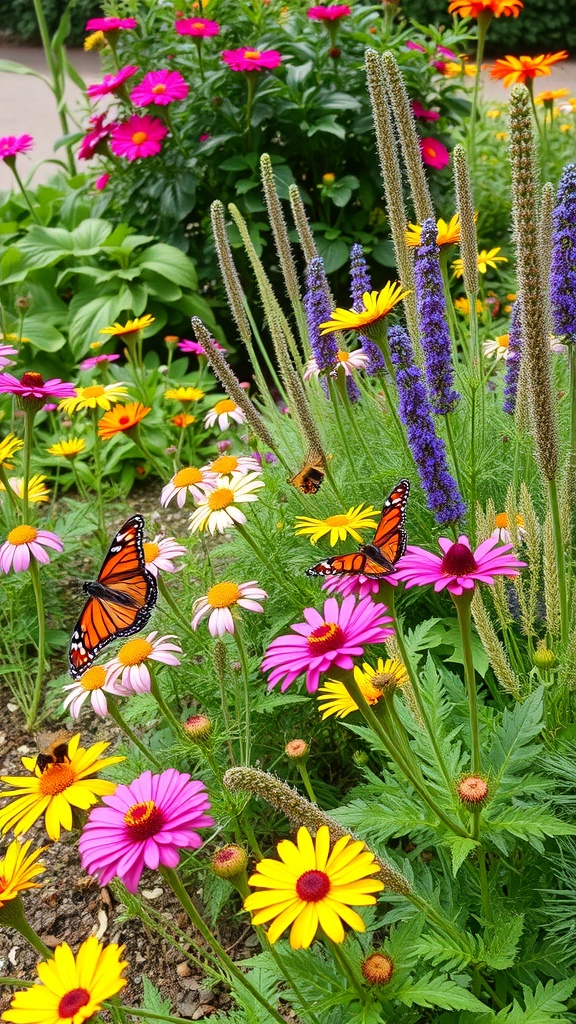 A colorful flower bed with various blooms and butterflies, showcasing a pollinator-friendly garden.