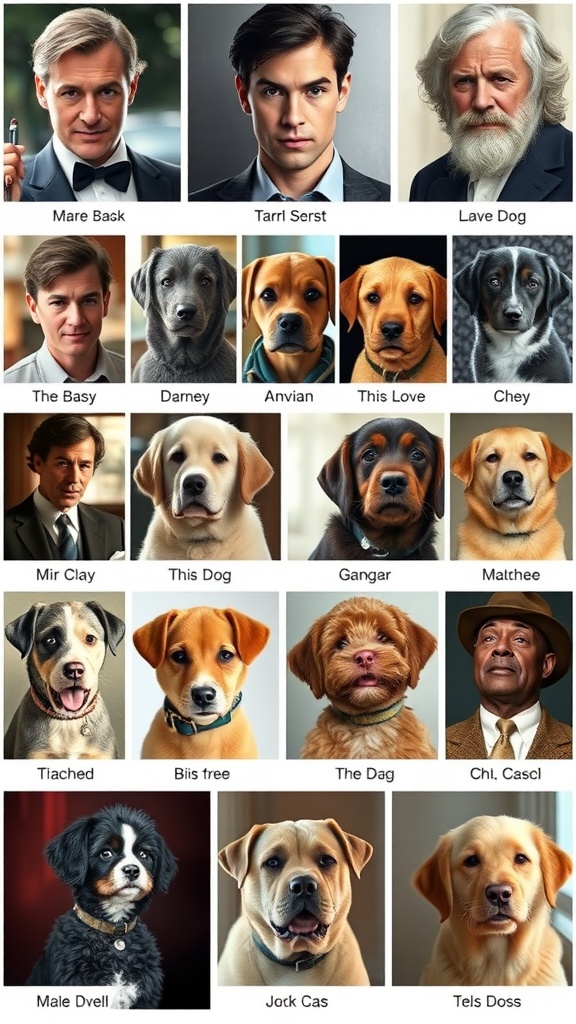 A collage of male dog names inspired by pop culture characters and celebrities.