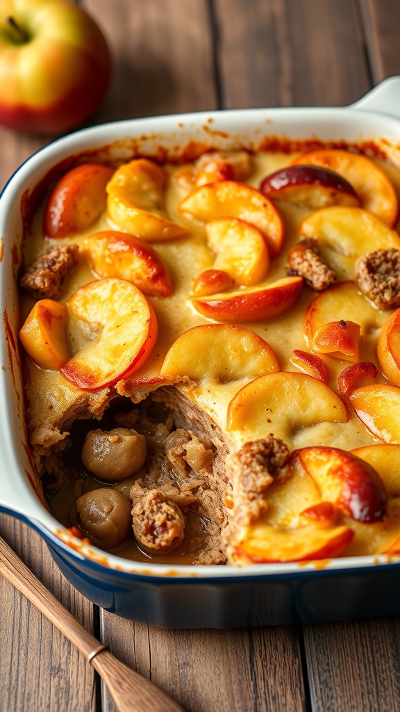 A delicious Pork and Apple Casserole for dogs, featuring slices of apple and ground pork in a baking dish.