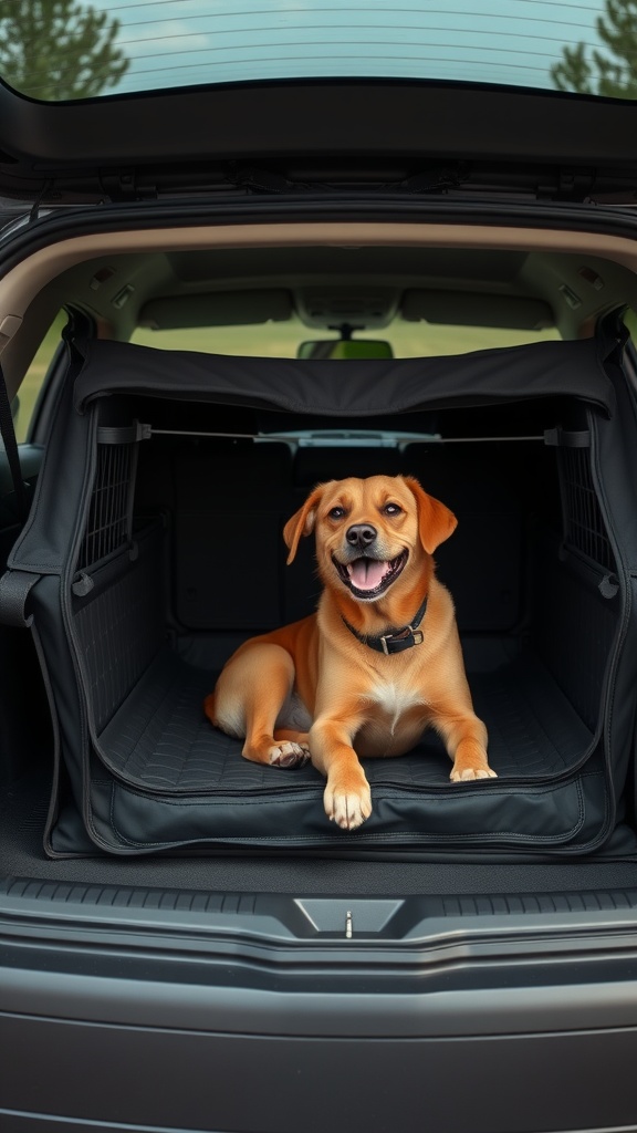 A happy dog resting in a portable crate inside a vehicle.