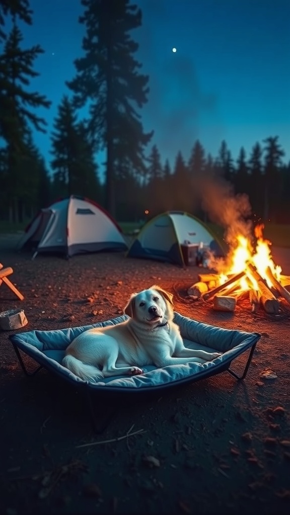 A happy dog resting on a portable dog bed near a campfire and tents in a forest setting.