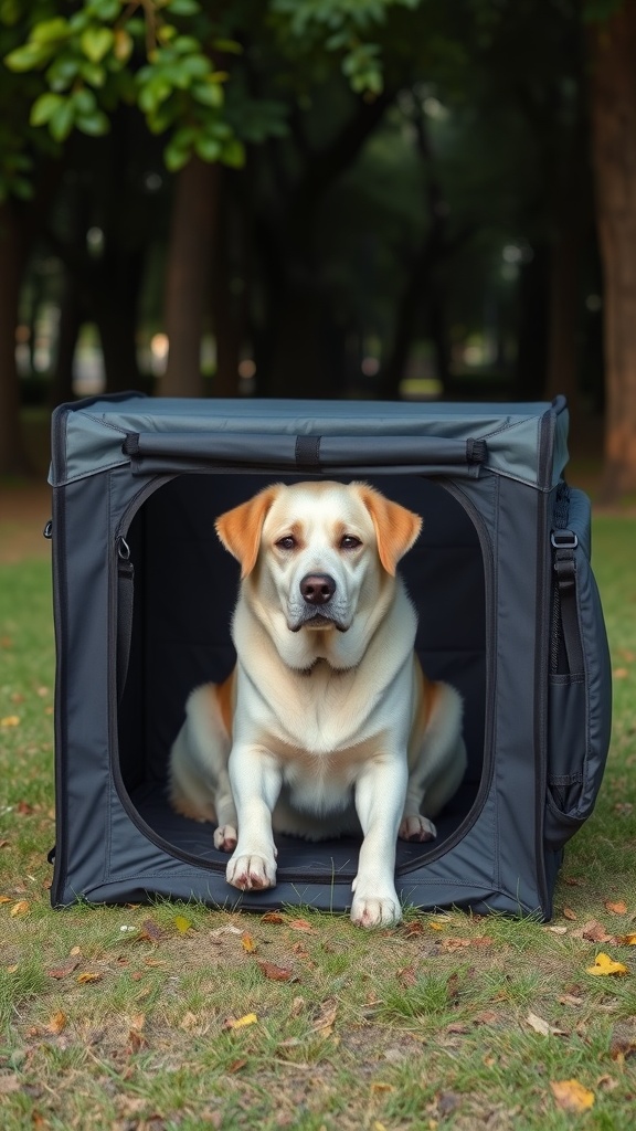 A dog sitting inside a portable folding dog crate in a park setting.