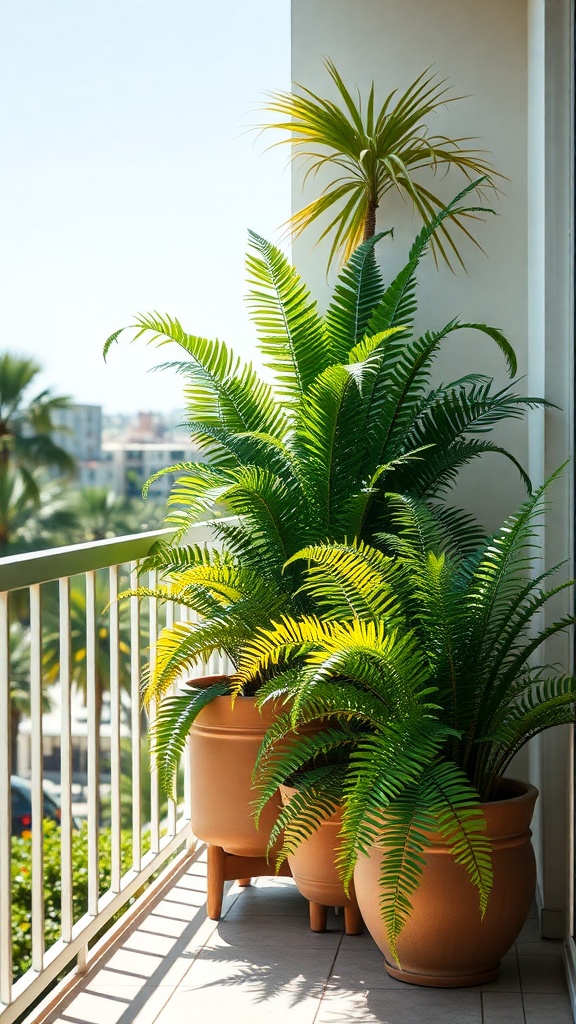 Lush potted ferns in terracotta pots on a sunny balcony