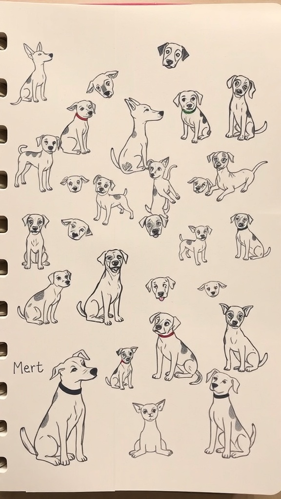 A collection of various dog sketches showcasing different breeds and poses.