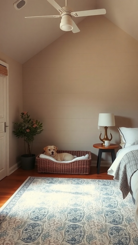 A cozy bedroom with a dog in a basket, featuring soft colors and inviting decor.