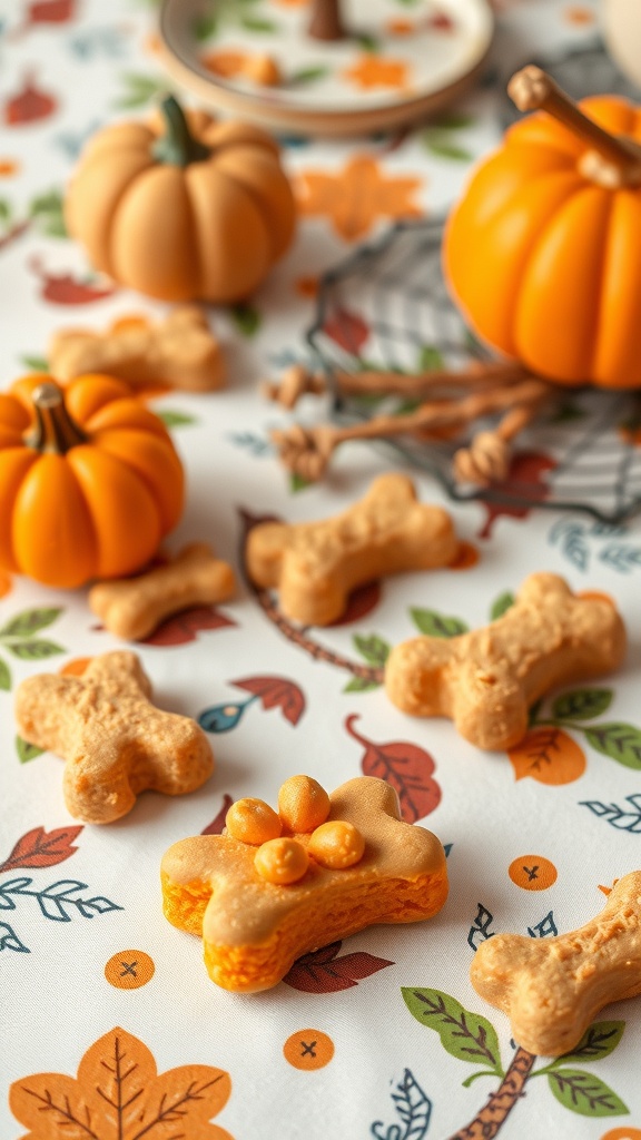 Homemade pumpkin and peanut butter dog treats in various shapes on a colorful autumn-themed tablecloth.