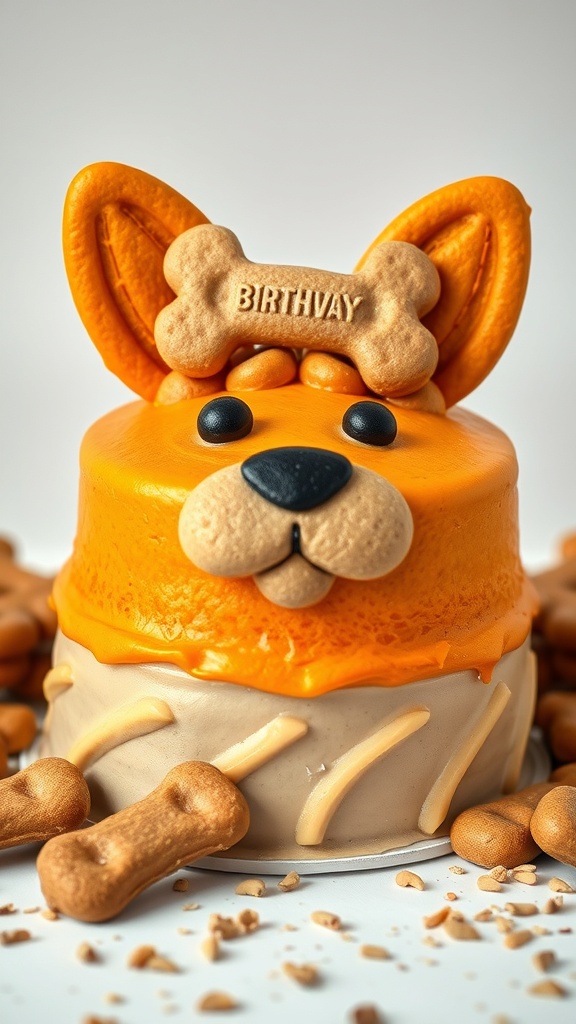 A colorful dog birthday cake designed to look like a dog face, with a bone on top that says 'BIRTHDAY'.