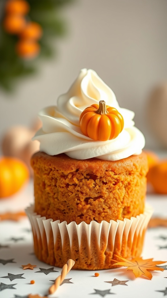 A pumpkin spice pupcake with white frosting and a small pumpkin on top, surrounded by festive decorations.