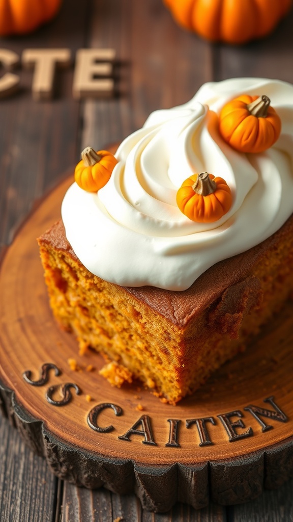 A pumpkin spice pupcake topped with white frosting and mini pumpkins on a wooden plate.