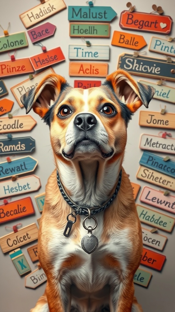 A dog sitting in front of a wall filled with colorful name tags.