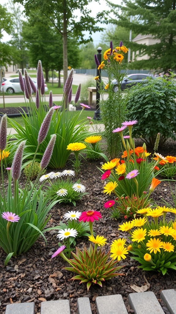 A colorful rain garden flower bed featuring various flowers like daisies and gerbera daisies, surrounded by lush greenery.
