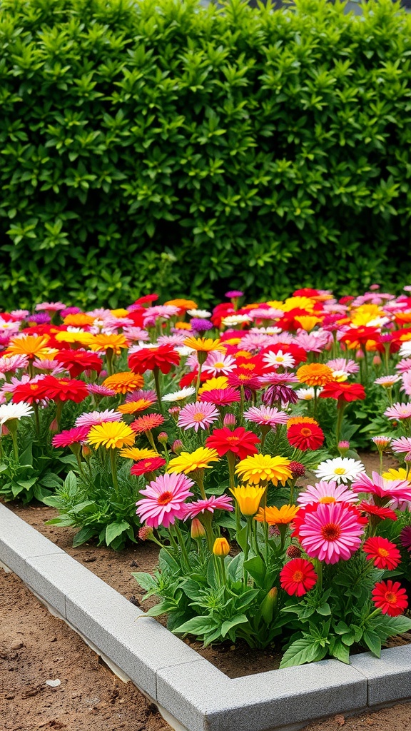 Colorful flower bed with raised stone edging