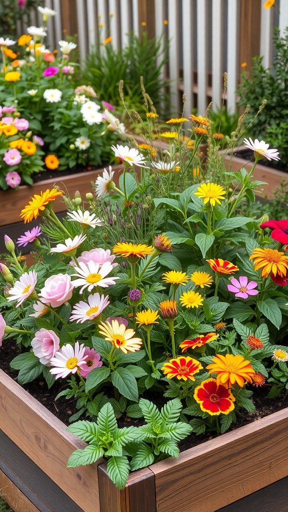A colorful raised flower bed filled with various flowers including daisies, marigolds, and pink blooms.