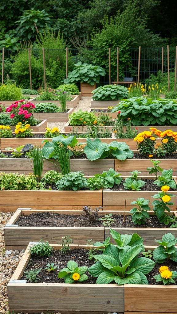A garden featuring multiple raised beds filled with various plants and flowers.