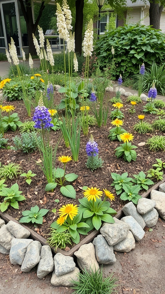 Flower bed with yellow and purple flowers surrounded by stone edging.