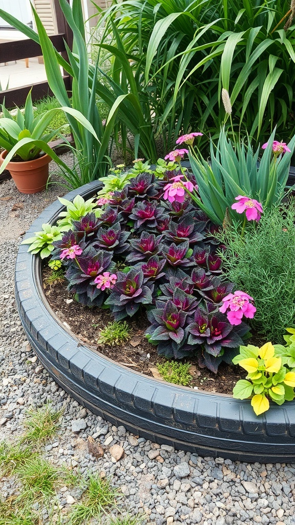 A flower bed bordered by a recycled tire, featuring colorful plants and greenery.