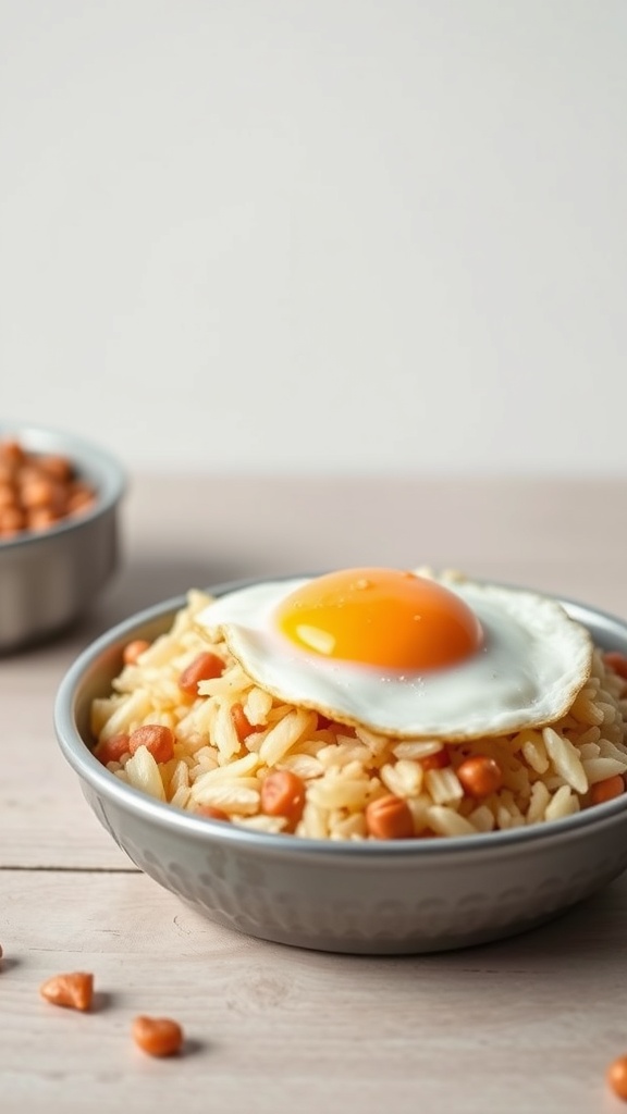 A bowl of rice topped with a fried egg, with some diced carrots on the side.