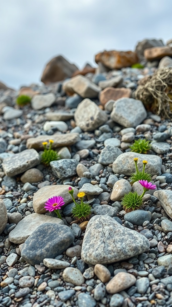 Colorful flowers growing among smooth stones in a rock garden