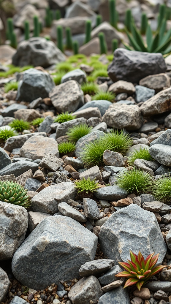 A rock garden featuring various sizes of stones and vibrant green plants.