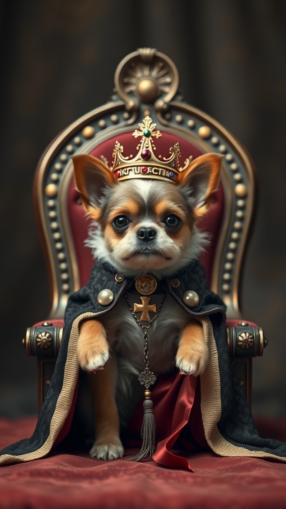 A small dog wearing a crown and cape, sitting on a throne.