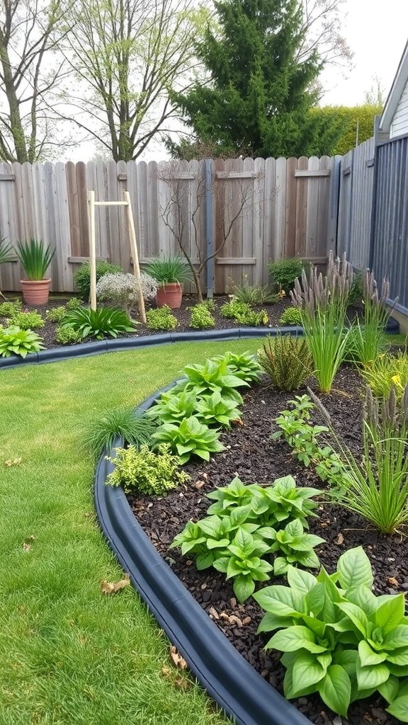 A garden with rubber edging outlining flower beds, featuring lush green plants and a neat appearance.