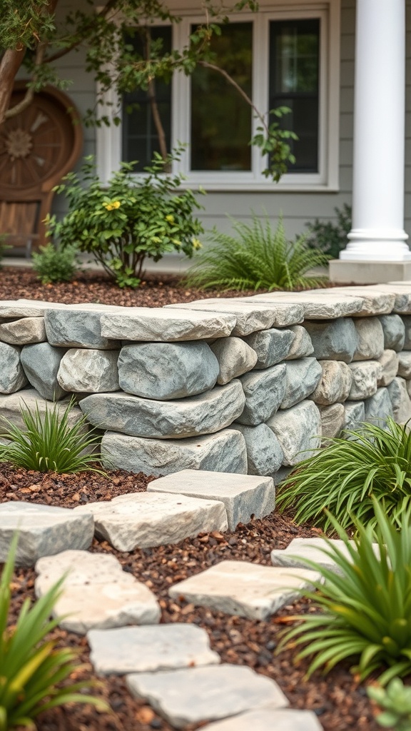 A rustic stone wall with a pathway leading to a house, surrounded by greenery.