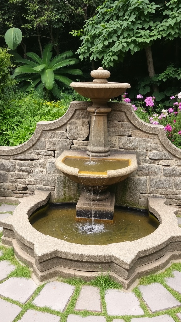 A rustic stone fountain surrounded by greenery and flowers in a garden.