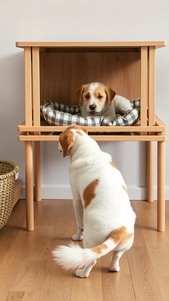 Two dogs, one on an elevated dog bed and the other standing below, showcasing a safe and cozy design.