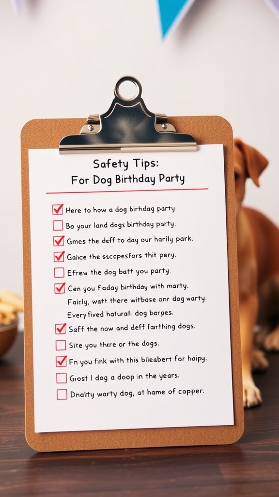 A clipboard with a checklist of safety tips for a dog birthday party, with a dog in the background.