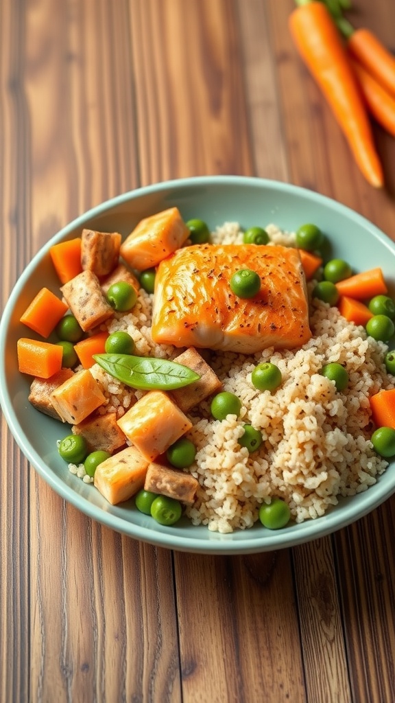 A colorful Salmon and Quinoa Bowl for dogs, featuring salmon, quinoa, peas, and carrots.