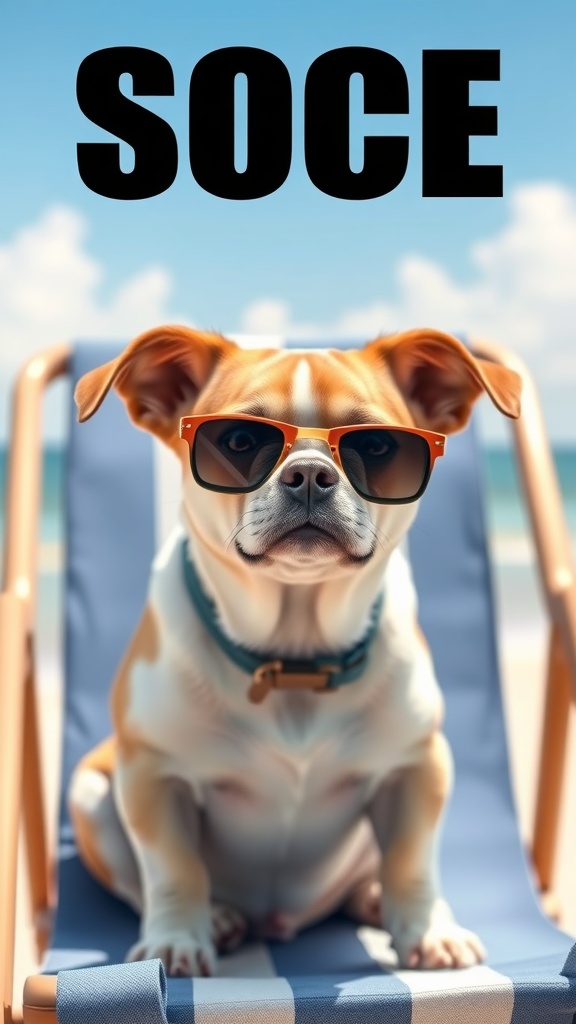 A dog wearing sunglasses, sitting on a beach chair with a sunny background.