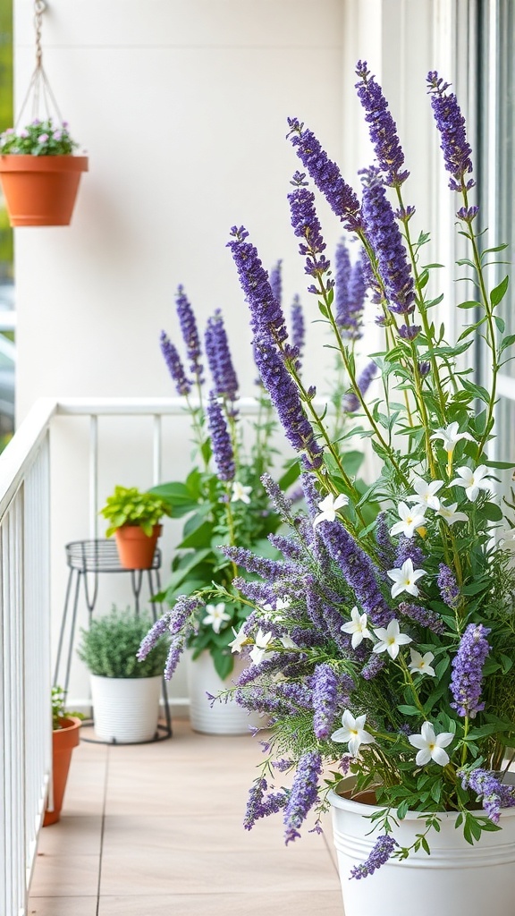 A balcony filled with purple and white flowers in pots, showcasing a vibrant and aromatic garden.
