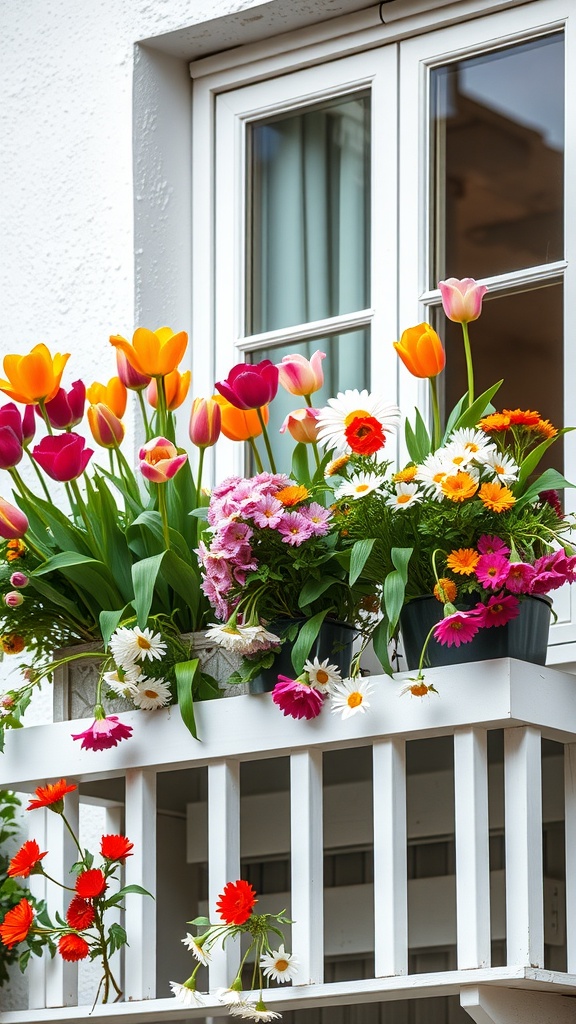 A balcony filled with colorful flowers including tulips, daisies, and geraniums.