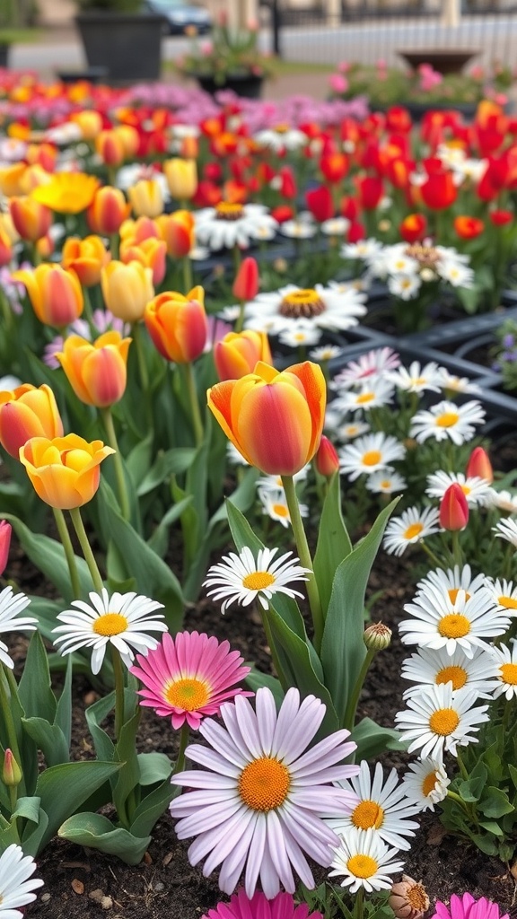 A colorful flower bed featuring vibrant tulips and daisies in various colors.