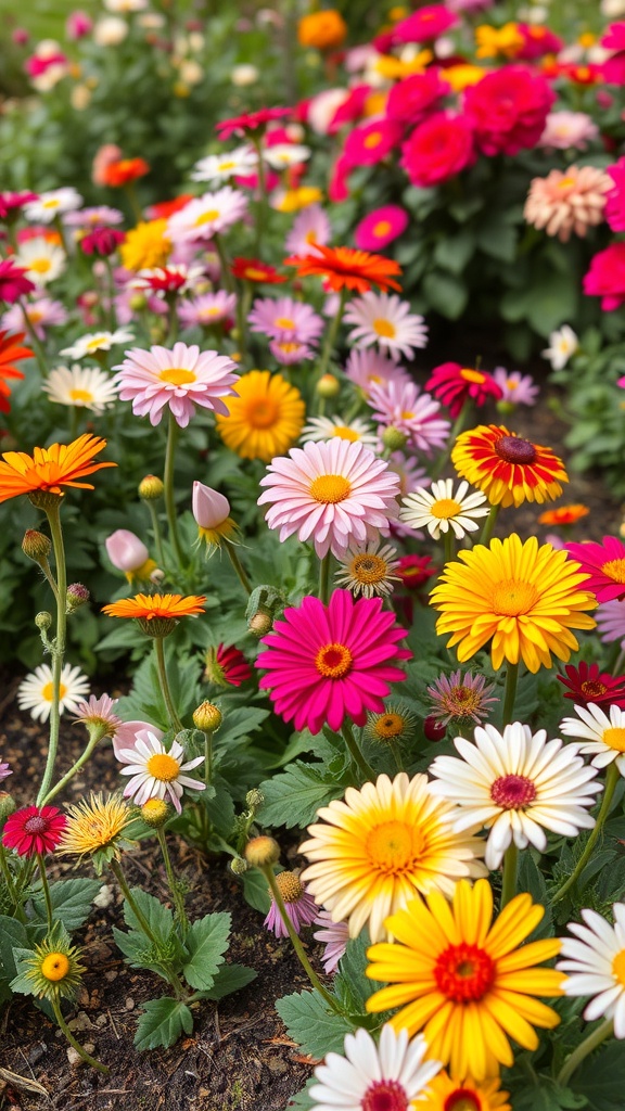 A colorful flower bed featuring daisies, zinnias, and other vibrant flowers.
