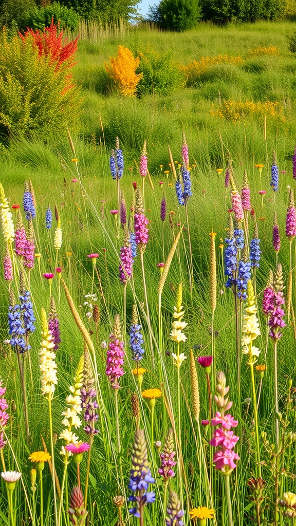 A colorful wildflower meadow with various flowers and autumn foliage in the background.
