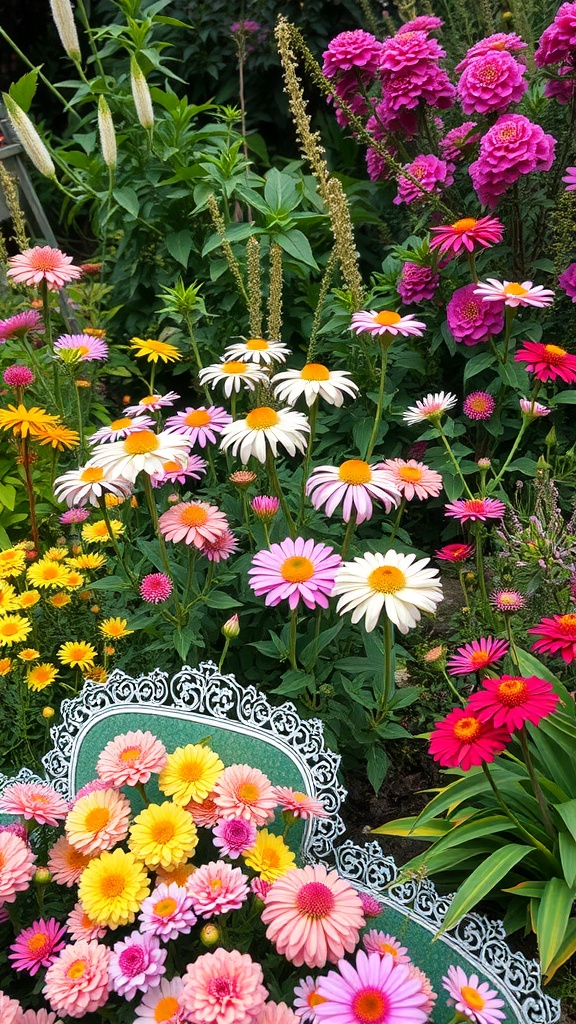 A vibrant garden filled with colorful flowers including daisies and zinnias in shades of pink, yellow, and white.