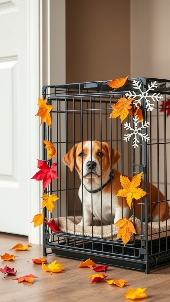 A dog sitting in a crate decorated with autumn leaves and snowflakes, with leaves scattered on the floor.