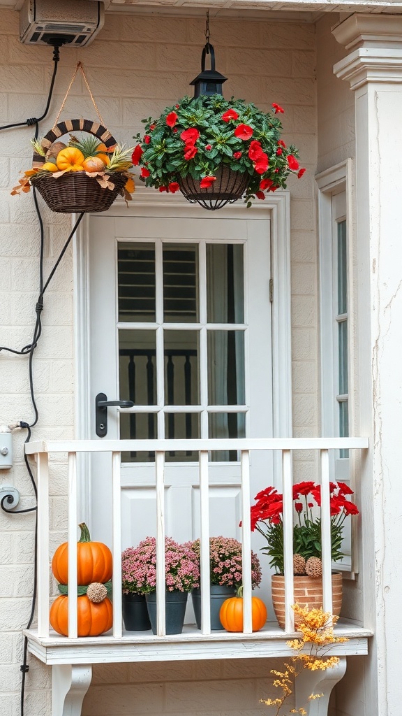 A small balcony decorated for fall with pumpkins and flowers.