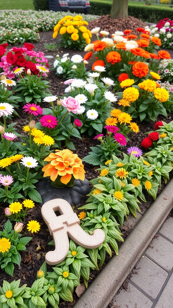 A colorful flower bed with various blooms and decorative edging.