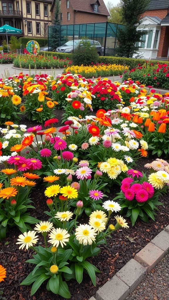 A colorful flower bed with various blooms including red, yellow, and pink flowers.