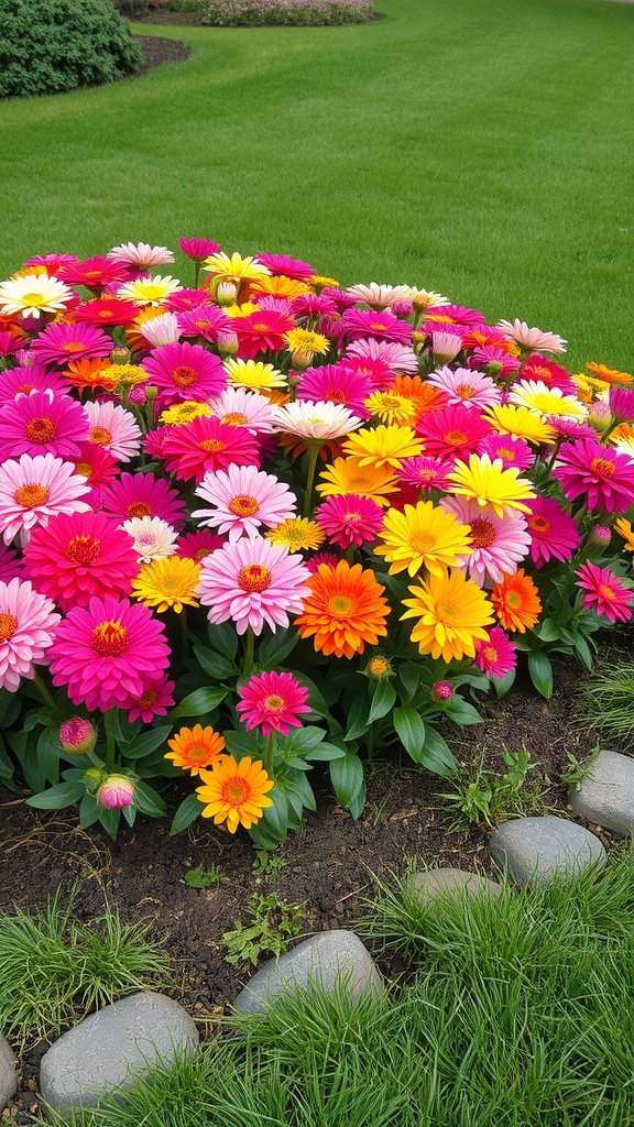 Colorful flower bed with pink, yellow, and orange flowers in a garden setting.