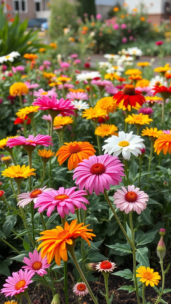 A colorful cut flower garden featuring pink, orange, and white flowers, including zinnias and coneflowers.