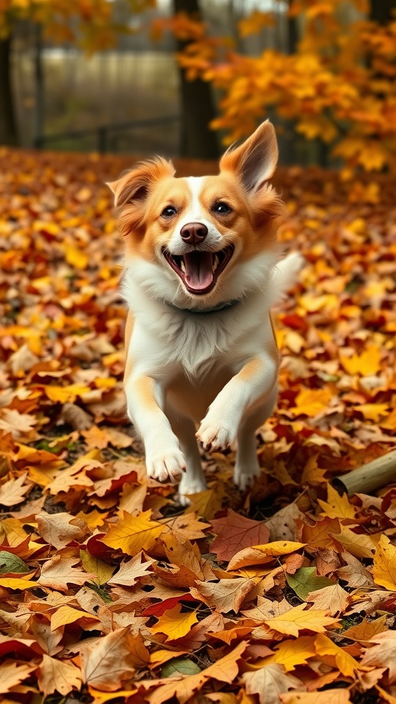A happy dog jumping through colorful fall leaves.