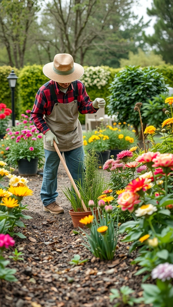 A gardener tending to colorful flower beds with a shovel, surrounded by various flowers.