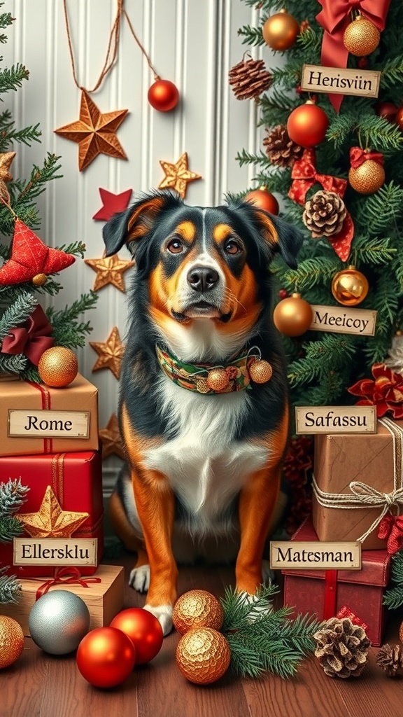 A male dog sitting among festive decorations and gift boxes, showcasing seasonal themes.
