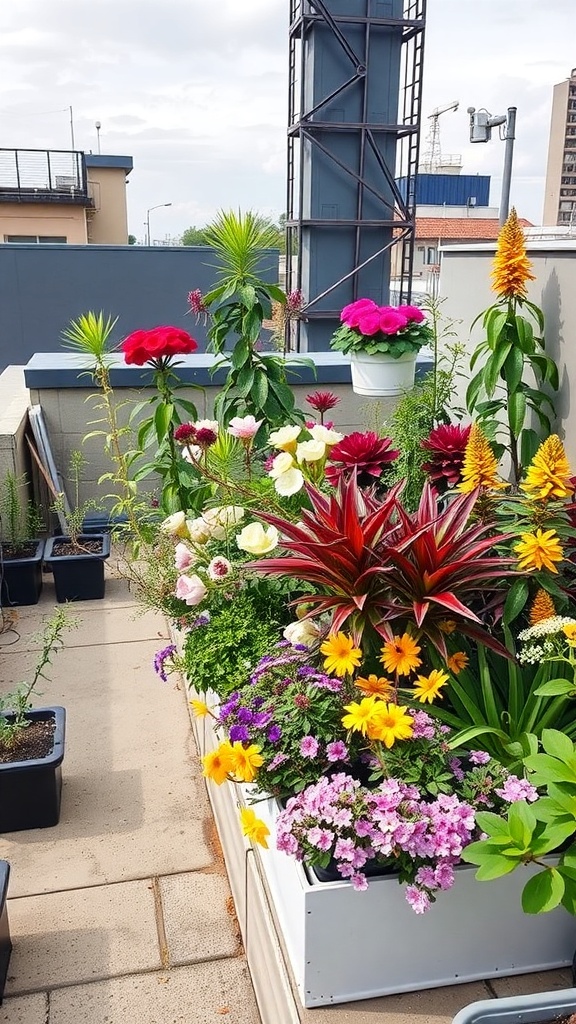 A colorful roof garden filled with various flowers and plants in pots.