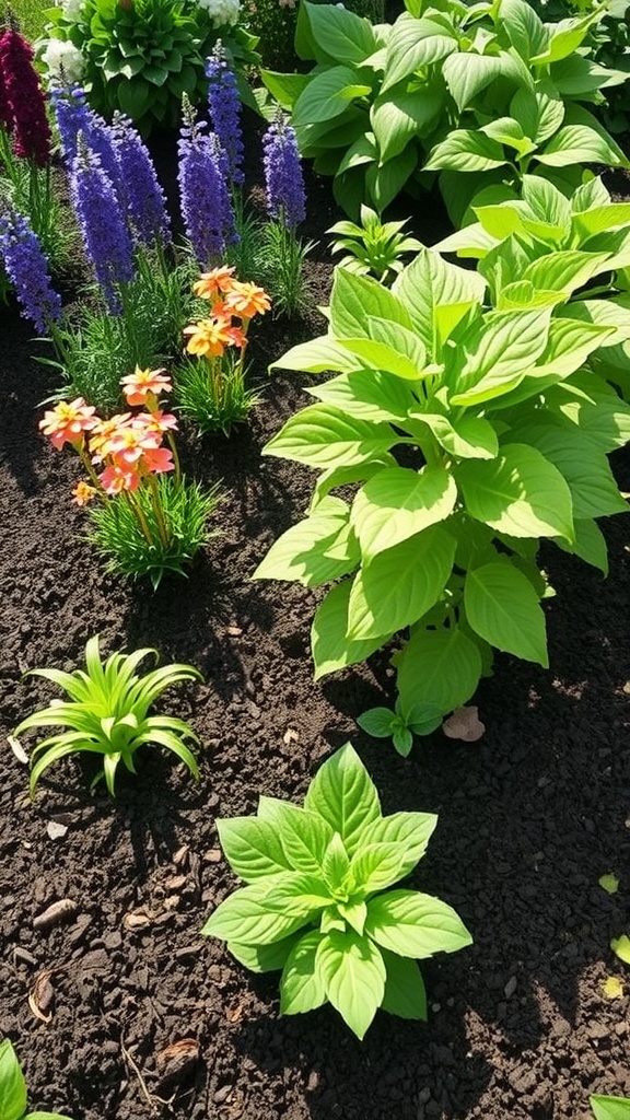 A seasonal planting calendar with various planting dates and flowers in a garden setting.