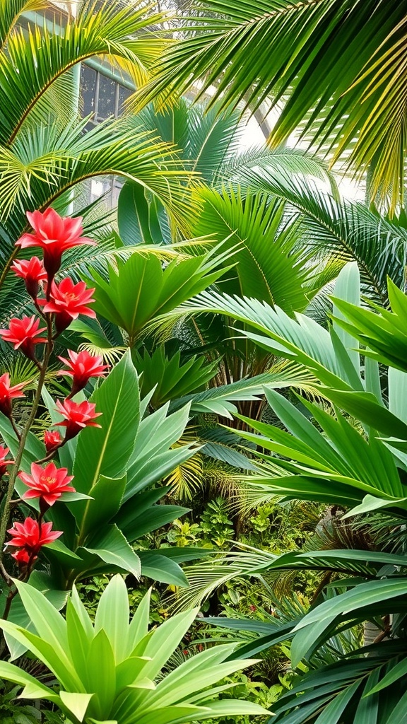 A vibrant tropical garden featuring various green plants and red flowers.